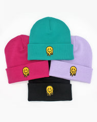 Platypus melting acid smiley face beanies hats in teal blue green, pink, pastel purple & black