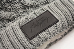Close up of Leather Patch Black & Grey Ombre Knitted Beanie Hat | Free shipping from Platypus UK Streetwear Fashion 