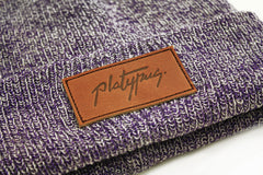 Close up of leather patch on antique purple Knit Beanie hat | Platypus streetwear clothing with Free UK shipping