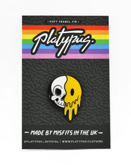 Platypus packaging 90s rave acid house skeleton cartoon smiley face art enamel pin badge