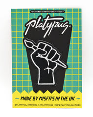 Black and white Art Revolution Graphic Iron-on Patch Design by Maxine Abbott in Platypus UK Packaging 