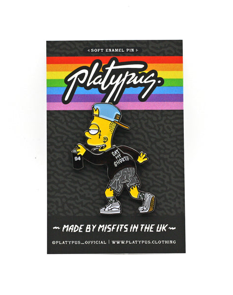 Bart simpson parody enamel pin badge packaging designed by Maxine Abbott eat my shorts Simpsons Art pin
