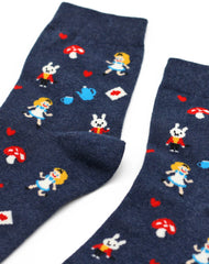 Close up Mad hatter's tea party designer womens socks by joe cool