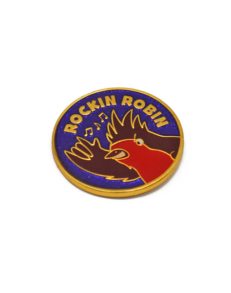 gold rockin robin funny pun purple enamel pin badge made in uk by Sarah Esau