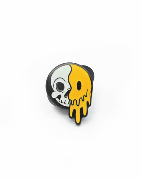 acid goth skull cartoon smiley face enamel pin badge design