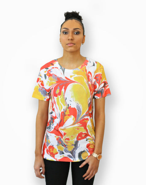 Full printed marble handmade pattern t-shirt with red, yellow & grey. 