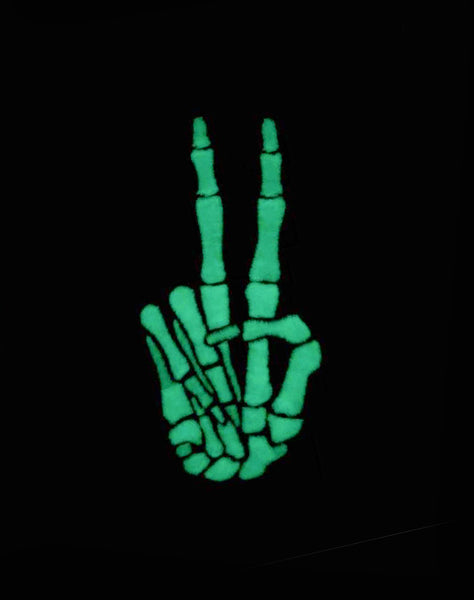 Glow in the dark Skeleton Rest in Peace sign Iron on Woven Patch on Platypus UK Clothing