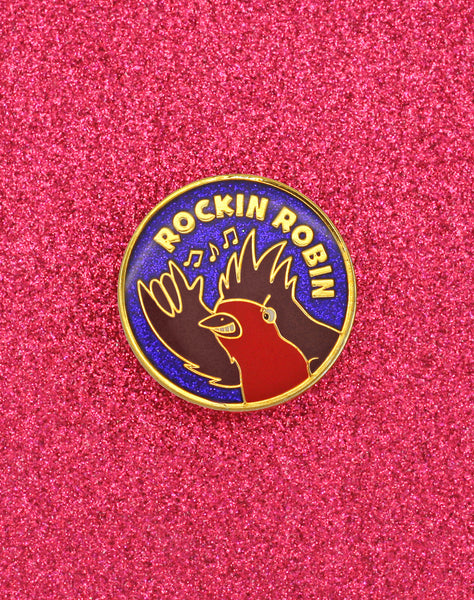 gold rockin robin best glitter enamel pin badge design by Sarah Esau at Platypus