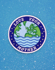 Blue and green Love your mother planet earth designer embroidered eco patch hero