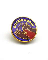 close up of metal rockin robin glitter enamel pin badges uk cute christmas gift