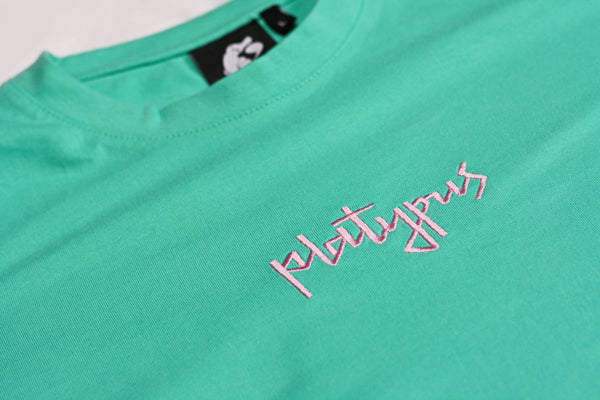 Close up of Platypus Mini Signature mint and Pink Embroidered T-Shirt 