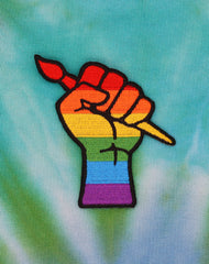 Queer artists gifts protest punk raised fist lgbtq pride iron-on patch badge on tie dye