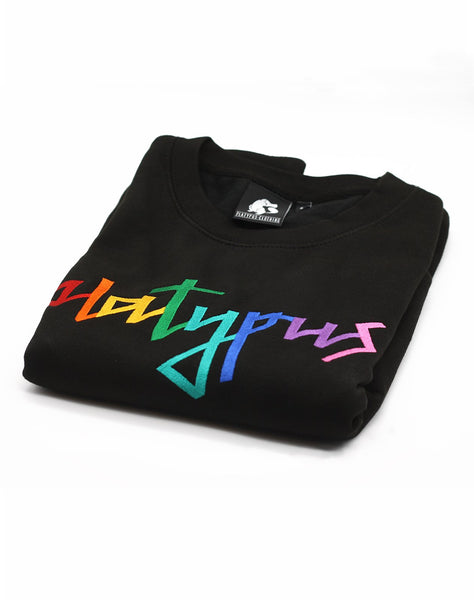 Embroidered Rainbow Typography Design Black Folded Sweatshirt | Platypus UK Clothing