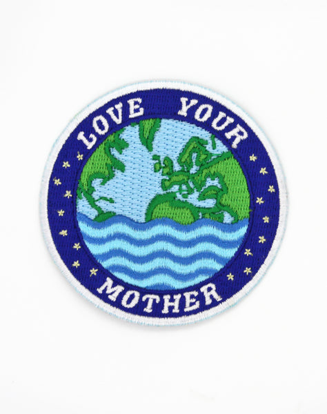Love your mother embroidered badge - Fight climate change art by Maxine Abbott