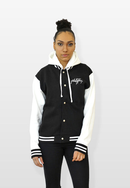 platypus posse front of varsity hooded jacket with logo patch 