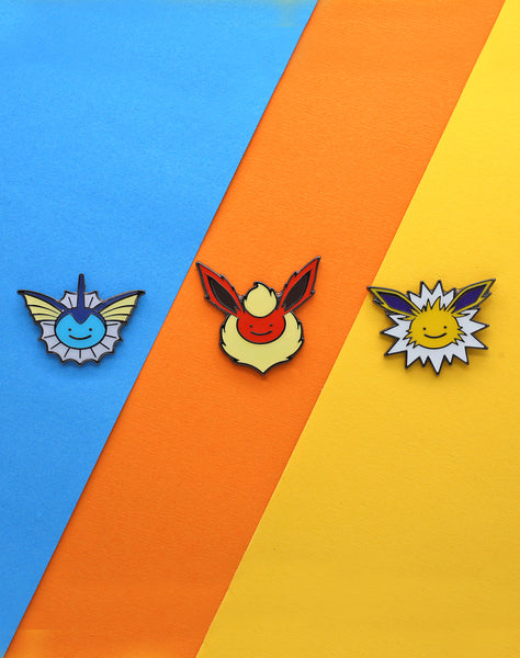 Eeveelution pokemon enamel pin set of 3. Jolteon, flareon & vaporeon ditto-face pin badge. Best pokemon pins