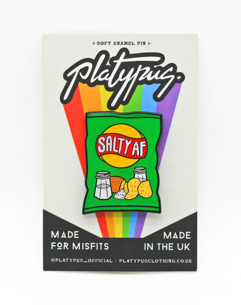 Designer Salty as Fuck Crisps Pop Art Enamel Pin Badge in Platypus packaging 