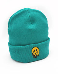 Side view Teal beanie hat with classic drippy Smiley face hat embroidery design