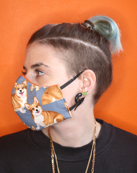 Blue designer corgi dogs pattern washable best fitted fabric face masks uk