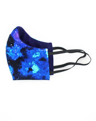 Side view of Designer Space patterned luxury fitted face mask made in uk