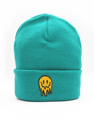 Designer Teal Trippy Smiley face design Embroidered unisex beanie acid house rave wear headwear for men women