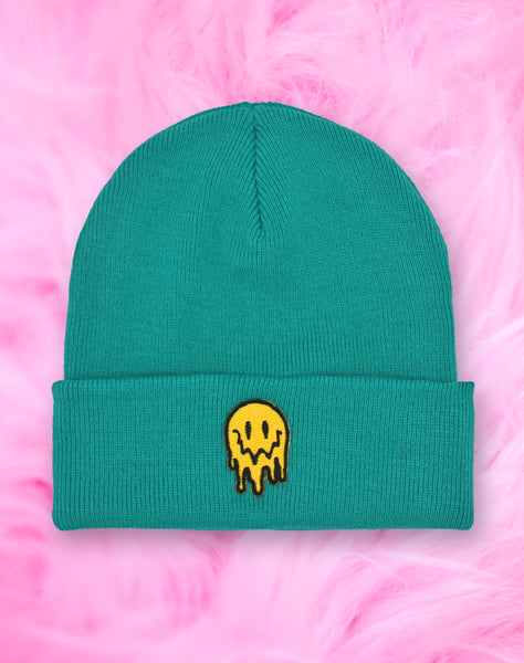unisex teal acid house rave beanie hat on pink fur Platypus UK Streetwear