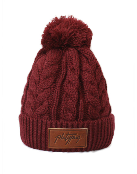 Red Wine Cable Knit Beanie with Platypus leather logo