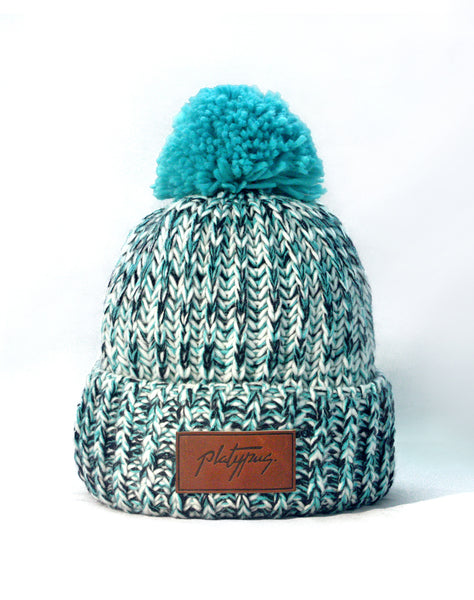 Blue chunky knit Beanie with Platypus leather logo
